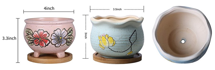 From three angles, front, back and top, detailed states the height and width of painted succulent pots, 4 inch width and 3.3. inch height. 