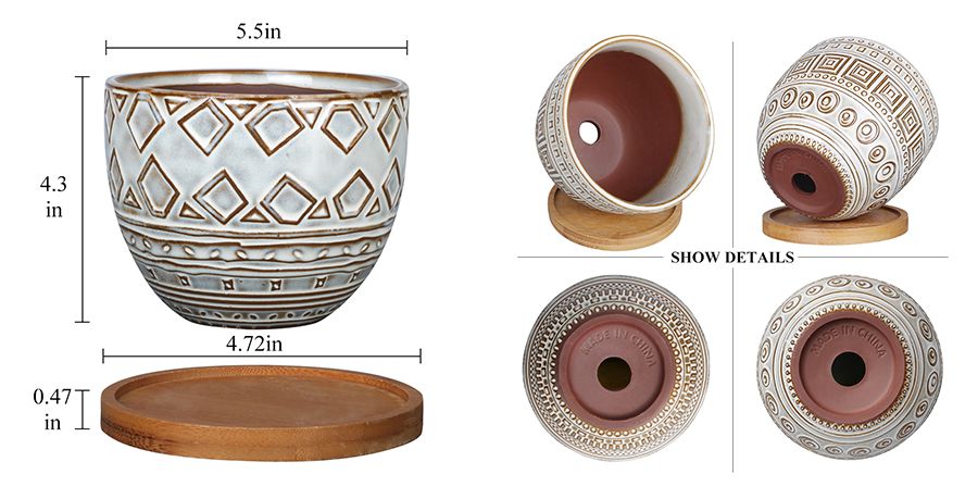 The image shows the different angles of geometric plant pots, the range from Bamboo Tray to the surface pattern, and size