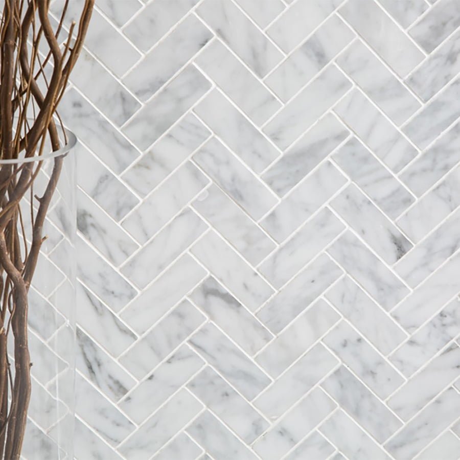 Herringbone White Carrara Polished Marble Mosaic Tile