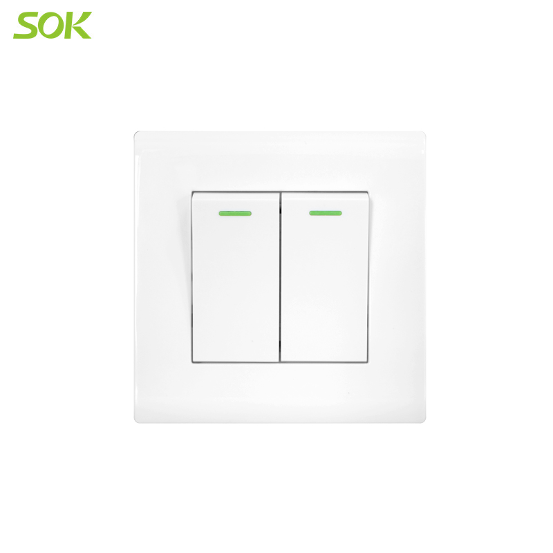 16AX 250V 2 Gang 1 Way Light Switch White Wide Rocker