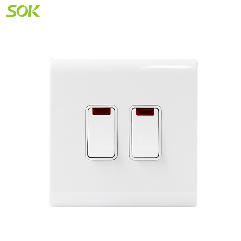 20AX 250V Double Pole Switch with Neon White 2 Gang